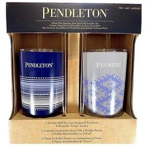NEW PENDLETON 20 oz Insulated Tumblers Set of 2 Straws Blue Gray